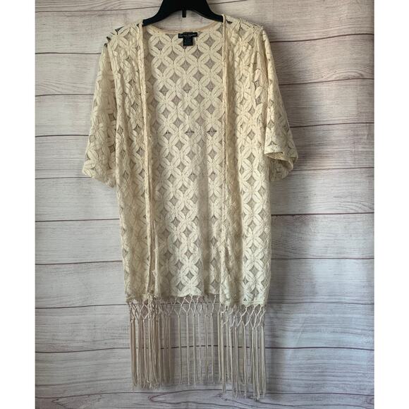See You Monday Cream Crochet Cardigan Kimono Open Front Fringe Size Small - Picture 1 of 13